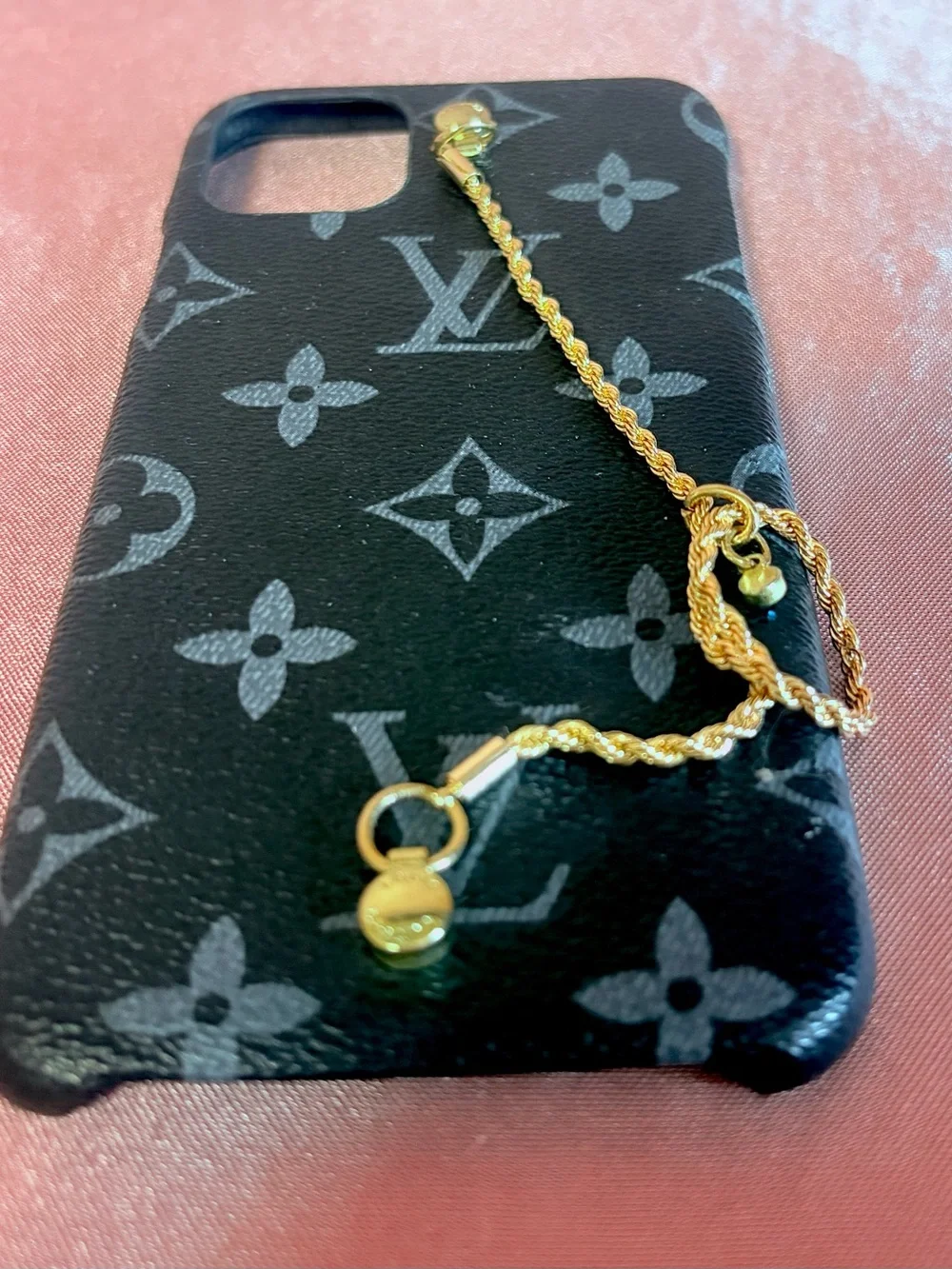 Designer Monogram Black/Grey Phone Case with Gold Charm — iPhone 11